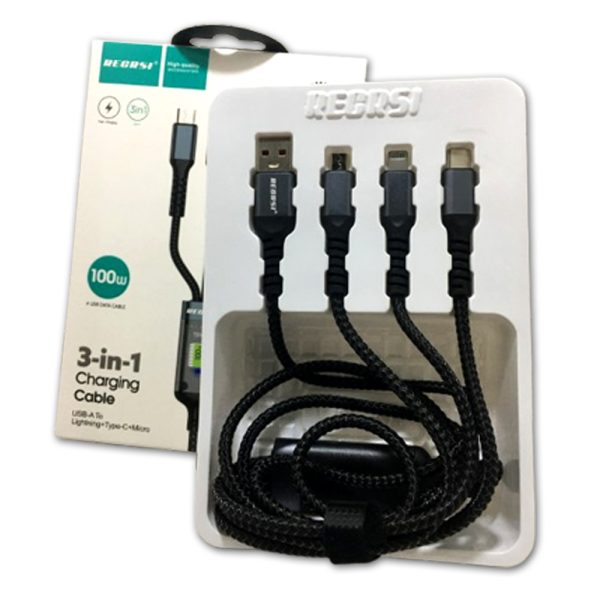 100W Regrsi 3in1 CA-307 1.2m Data Cable - Image 2